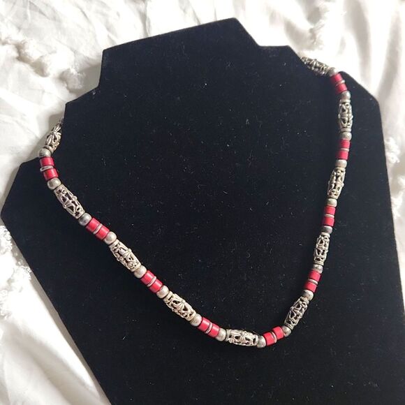 Tribal-Inspired Red & Silver Beaded Necklace - Picture 3 of 4